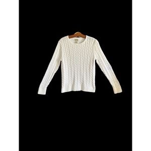 L.L. Bean White Cable Knit Women's 100% Cotton Crew Neck Sweater Size M